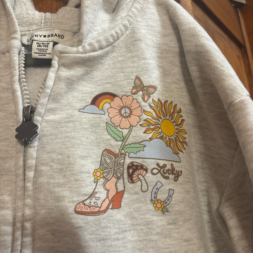 Lucky Brand Light Gray Zip Hoodie with Floral Boot Graphic - Picture 3 of 5